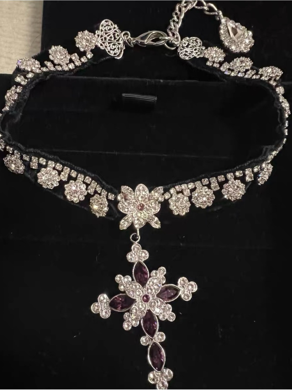 Dolce & Gabbana Purple and Silver Crystal Flower Cross Choker Necklace